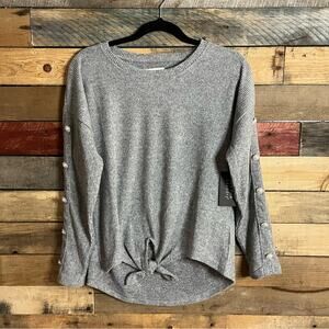 New York‎ Laundry Gray Ribbed Tie Front Long Sleeve With Pearl Detail Sleeves S